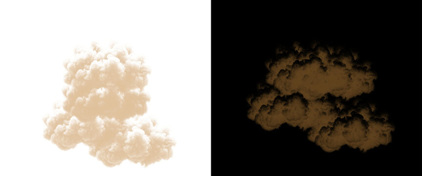 Cinematic sand explosion with alpha channel, realistic brown dust cloud on white and black background, desert storm debris for visual effects