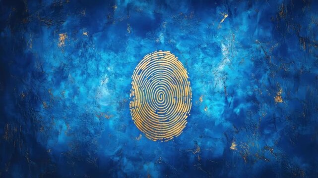 Golden fingerprint on dark blue background. Personal identification and biometric authentication technology, cyber security for digital protection, futuristic design