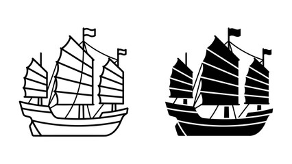 Traditional Chinese Junk Boats: Two stylized illustrations of classic Chinese junk boats, one in outline and the other as a silhouette, showcasing their distinctive sails and maritime heritage. © abidakhatun