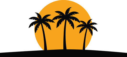 Palm Tree Sunset Silhouette Vector – Tropical Island with Orange Sun © Roksana