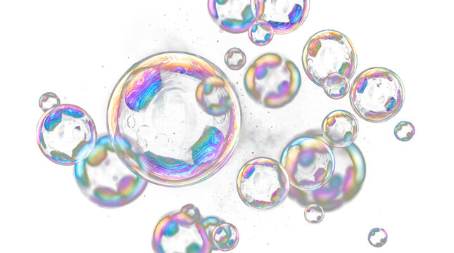 realistic soap bubbles floating in air, transparent bubbles with rainbow reflections, isolated on pure black background