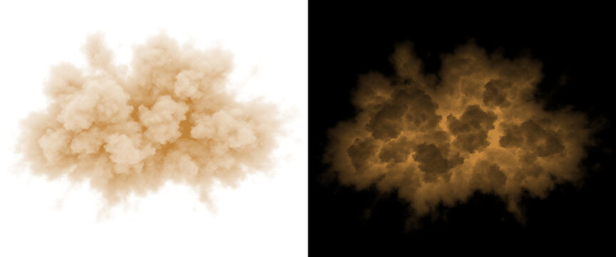 Sand dust explosion cloud isolated on white and black backgrounds, realistic desert soil blast effect, brown powder splash texture for VFX