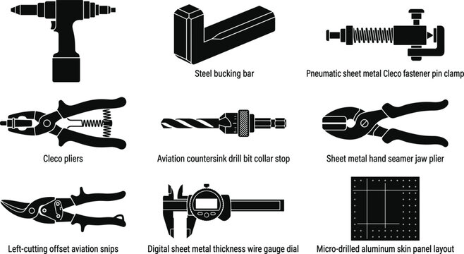 Aviation Sheet Metal Fabrication Tool Vector Icon Set Featuring Cleco Pliers, Countersink Drill, Seamer, Snips, Bucking Bar, and Caliper