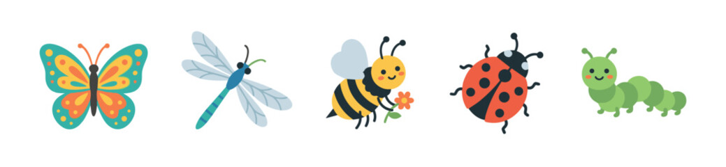 Fototapeta premium Colorful cartoon butterfly, dragonfly, bee, ladybug, and caterpillar characters are charmingly presented in a delightful vector illustration.