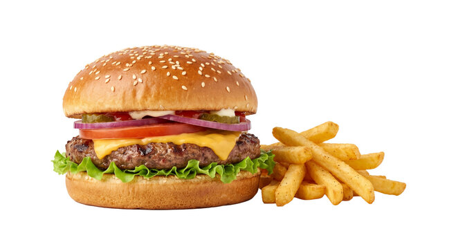 Delicious cheeseburger with fries on a clean background