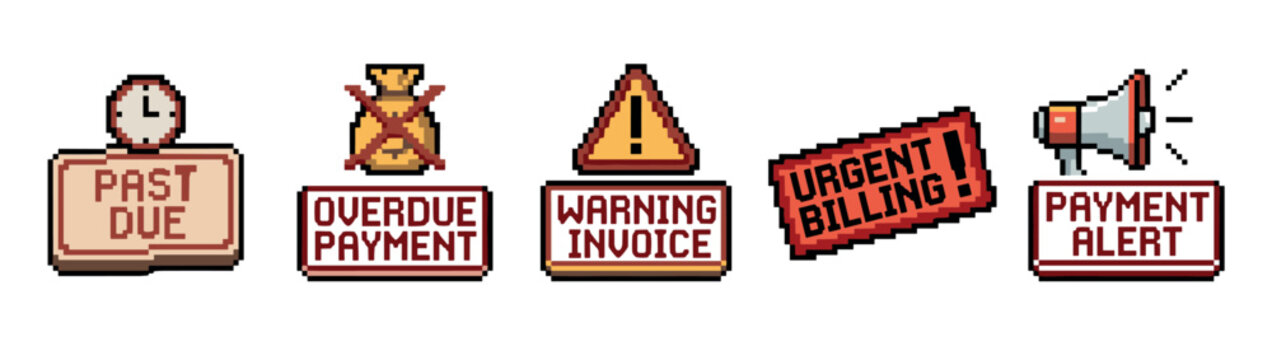 Pixel art financial warning icons set featuring past due, overdue payment, warning invoice, urgent billing, and payment alert signs.