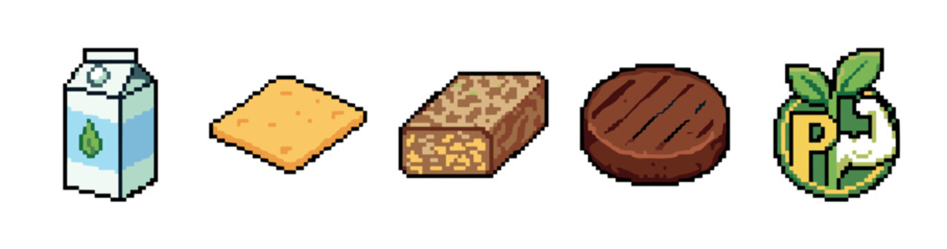 Collection of pixel art plant-based food items and a protein logo representing healthy vegan nutrition and sustainable eating choices.