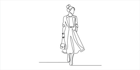 Obraz premium Elegant Woman Walking with Handbag One Line Drawing Minimalist Fashion Continuous Line Art Vector Illustration