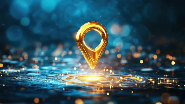 Golden location pin on water. 3d navigation pointer for business address and map positioning. Abstract background for travel or marketing. Place of shining.