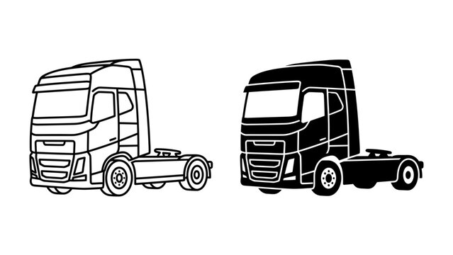 Truck Head Illustration: A stylized illustration of a modern truck head, presented in both outline and solid black silhouette, ready for logistics and transportation.