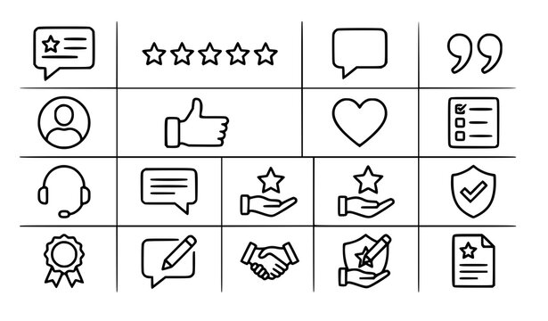 Testimonials Thin Outline Icon Set with Customer Reviews Feedback Rating Chat and Recommendation Vector Collection