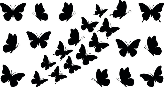 Flying butterfly silhouette vector collection with isolated insects swarm wing shapes icons set for stencil laser cutting pattern design