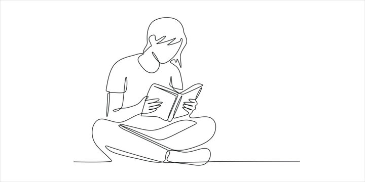 One Line Drawing of Girl Reading Book Continuous Line Art Female Student Reading Education Minimalist Vector Illustration