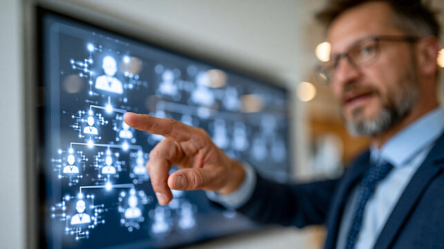 Faceless executive pointing at a large interactive touchscreen display mounted on a bright office wall showing glowing digital organizational chart and team structure icons, hierar