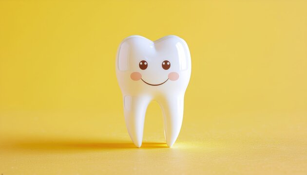 Happy tooth character on vibrant yellow background, dental care concept