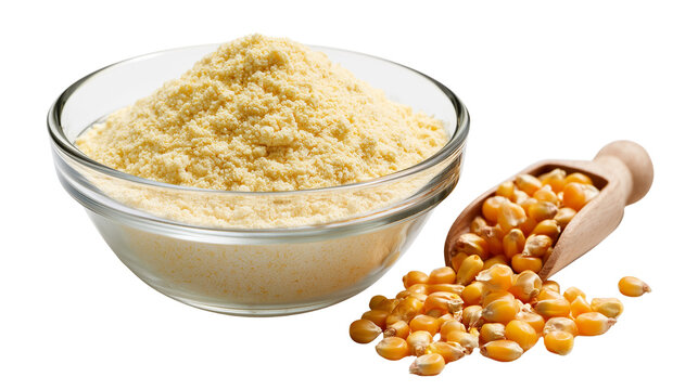 Glass bowl filled with cornmeal next to a scoop of corn kernels on transparent background