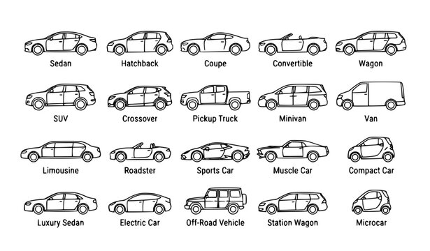 Minimalist Car Body Type Line Art Icon Set Vector Collection Isolated on White Background