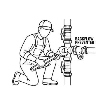 Vector illustration of Worker installing backflow preventer