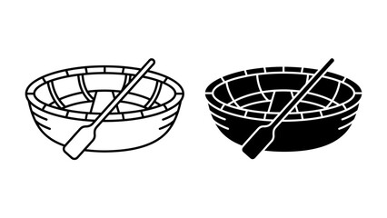 Round Basket Boat Icons: Two simple icons depicting a round basket boat with an oar, one in outline and one in solid black, representing traditional watercraft. © abidakhatun