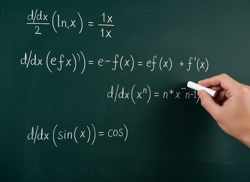 A dedicated mathematics educator uses a piece of white chalk to carefully record complex calculus derivative formulas onto a large green surface inside of a busy academic learning school