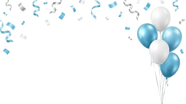 Blue White Balloons Bouquet Falling Confetti Border Frame Isolated Transparent Background PNG Birthday Party Anniversary Celebration Banner Poster 3D