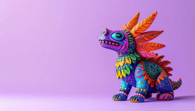 Vibrant Colorful Clay Dragon Sculpture on Purple Background.