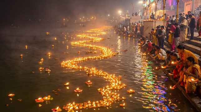Devotees releasing floating oil lamps on riverbank during nighttime religious ceremony