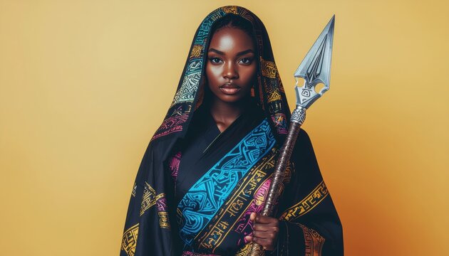 Elegant african woman with patterned hooded cloak holding intricately designed spear on saffron backdrop