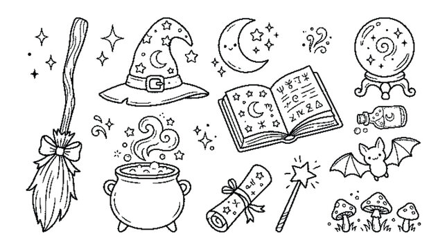 Cute magic witch doodles collection