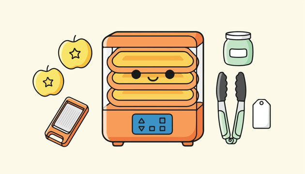 Cute Kawaii Food Dehydrator Illustration with Kitchen Accessories.