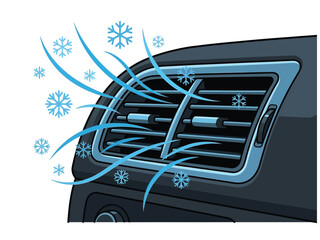 Car dashboard AC vent blowing freezing cold air waves flat graphic. © Luky