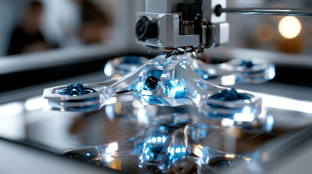Close cinematic shot from a high angle looking inside a closed 3D printer chamber where a complex aerodynamic FPV drone body is being fabricated, bright internal LED lighting casti