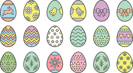 Colorful Easter Egg Icon Set with Decorative Pastel Patterns Rabbits and Chicks for Spring Holiday Greetings Celebration and Christian Religious Graphic Designs © Feroz