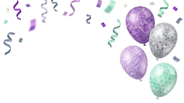 Purple Mint Birthday Balloons Mosaic Paisley Pattern Confetti Banner Background Isolated White Background Anniversary Celebration Party Poster Vector 3D