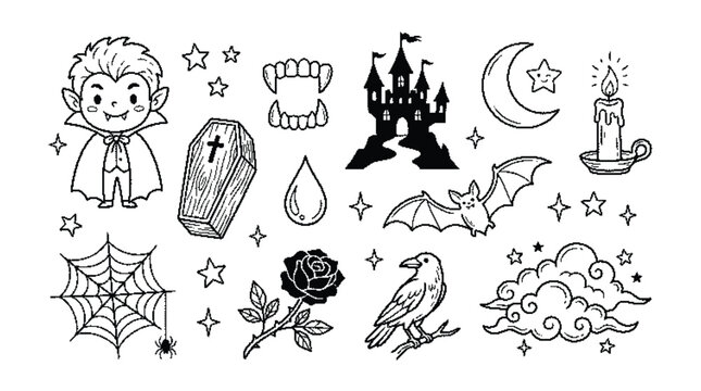 Cute vampire and gothic halloween doodle elements set