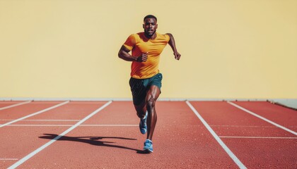 Obraz premium Focused determined african american man sprints on a track during training session