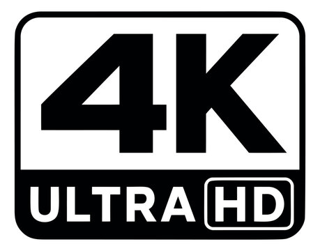 Flat illustration of 4K ultra HD badge depicting resolution certification label for technology and media design