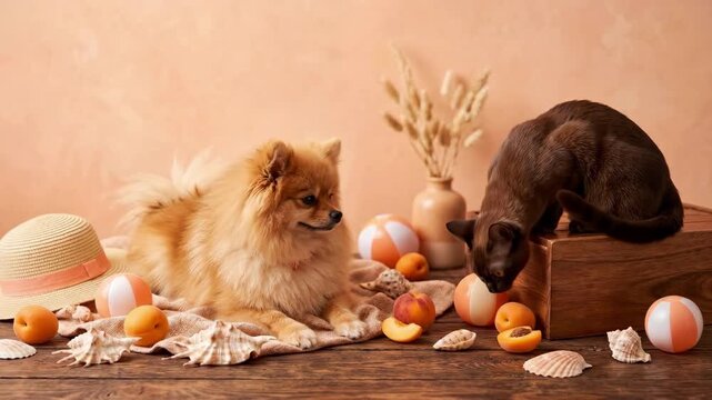 Fluffy pomeranian dog lying on wooden surface surrounded by straw hat, peaches, seashells and beach balls. Brown cat sitting on wooden box nearby. Summer beach vibe with pets in relaxed vacation mood