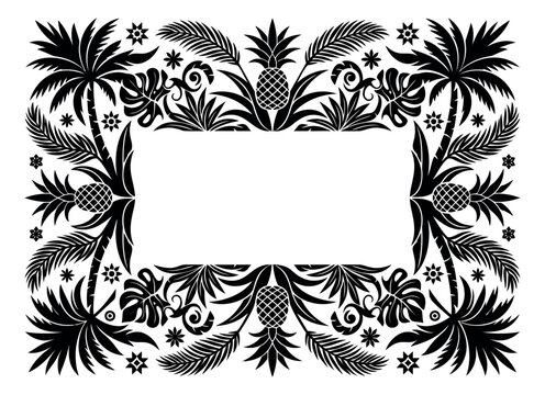 Silhouette illustration of tropical frame depicting palm trees pineapples and exotic foliage for summer and holiday design