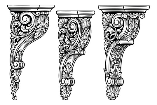 Engraving illustration set of 3 ornate baroque corbels depicting acanthus scroll carvings for architectural and interior design