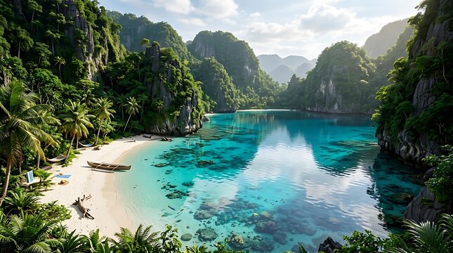 Hidden cove in palawan philippines tropical beach and limestone cliffs