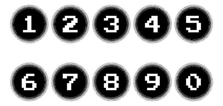 Pixel style icon set of 10 numeric digits featuring retro halftone circle badges for gaming and typography design