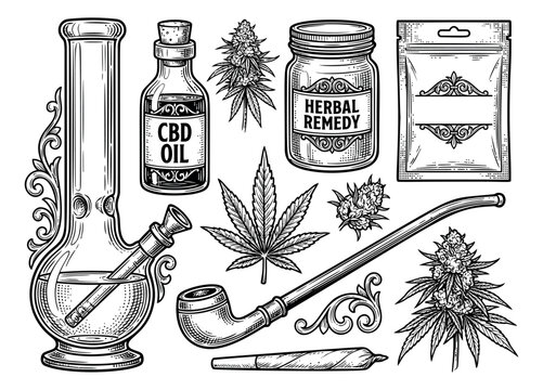 Engraving icon set of 9 cannabis elements featuring bong, CBD oil, pipe, joint and hemp leaf for herbal remedy design