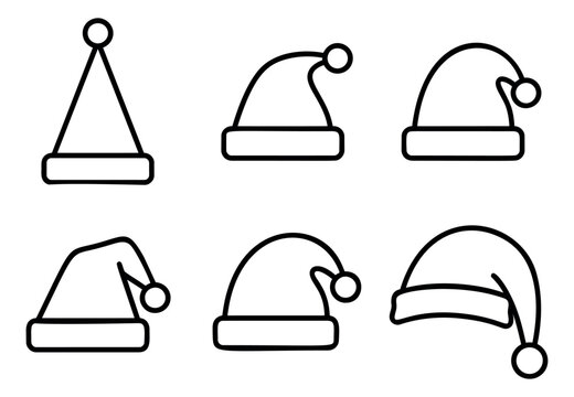 Outline icon set of 6 Santa Claus hats featuring various festive cap styles with pompoms and brims for Christmas design
