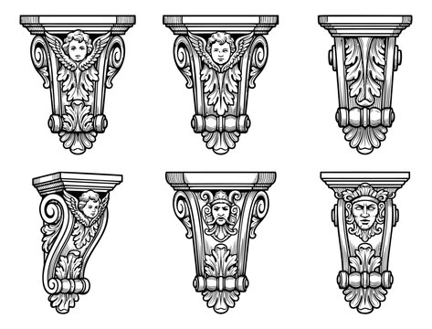 Engraving icon set of 6 ornate architectural corbels featuring cherub faces, acanthus scrolls and classical bracket designs for interior decoration