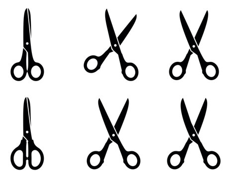 Silhouette icon set of 6 scissors featuring closed and open blade positions for craft and design use