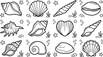 Sea shells outline vector icon set featuring various nautical seashells, clams, scallops, and marine snails for coloring pages isolated on white background. © Mdjony