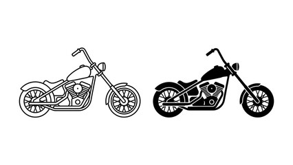 Motorcycle Icons: Two distinct motorcycle silhouettes, one outlined and one solid black, showcase the classic chopper design with its elongated frame and low-slung seat. © abidakhatun