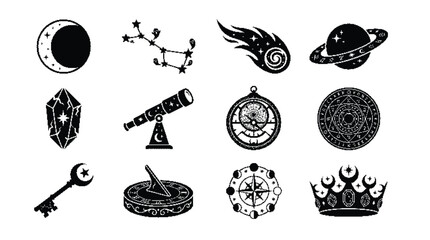 Celestial astrology and mystical magic black silhouette icons set © Farina