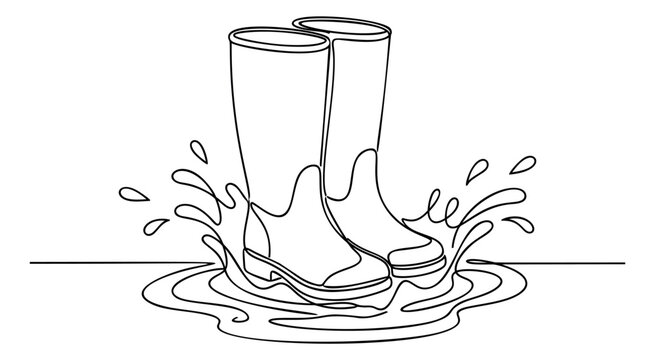 Line art illustration of rubber rain boots depicting water splash in puddle for weather and seasonal design